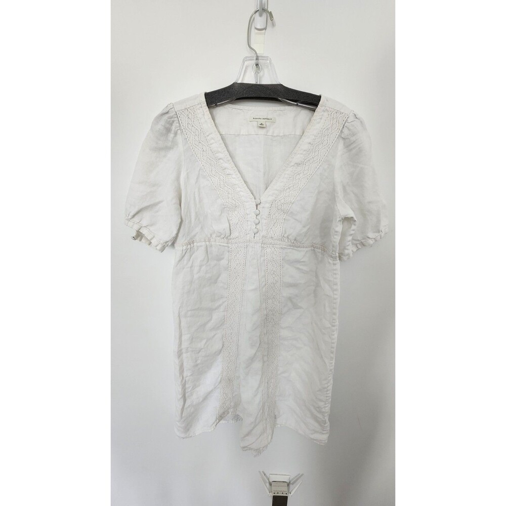 Banana Republic White Linen Lace Trim Puff Sleeve Boho Mini Dress , Size MEDIUM